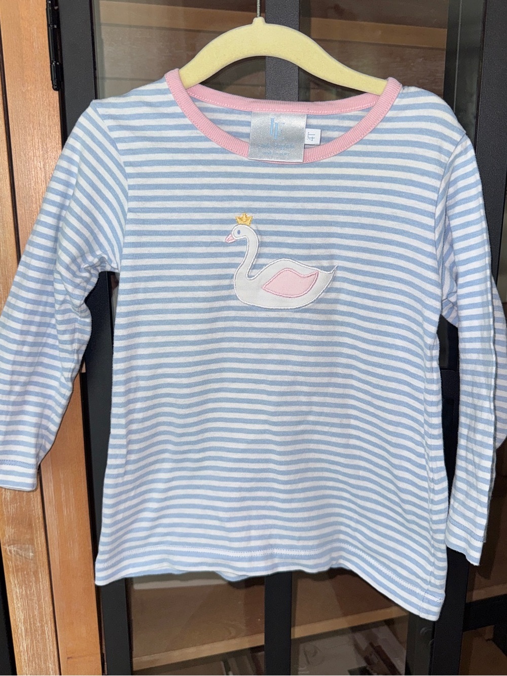Little English swan appliqué long sleeve tee top sweater embroidered striped
